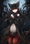  1girl bare_shoulders black_bow black_hair bow chain choker chromatic_aberration finger_to_mouth gauntlets glowing glowing_eyes gothic_lolita hair_bow highres kajaneko kantai_collection large_bow lolita_fashion long_hair looking_at_viewer navel red_eyes seaplane_tender_hime shinkaisei-kan small_breasts solo very_long_hair 
