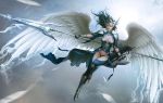  1girl angel_wings armor artist_request black_hair breasts cleavage feathers gauntlets helmet long_hair original polearm shield solo weapon wings 
