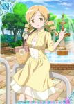  1girl alternate_costume artist_request bag blonde_hair blue_sky card_(medium) dress drill_hair hair_ornament hairpin mahou_shoujo_madoka_magica official_art sky smile tomoe_mami trading_card tree twin_drills twintails yellow_dress yellow_eyes 
