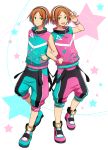  2boys aoi_hinata aoi_yuuta brothers brown_hair character_name ensemble_stars! green_eyes headphones locked_arms male_focus multiple_boys shoes short_hair shorts siblings star tank_top twins wristband 