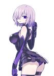  1girl :o arched_back ass bangs bare_shoulders black_dress breasts chan_co dress elbow_gloves fate/grand_order fate_(series) from_behind gloves hair_over_one_eye large_breasts looking_back panties purple_panties shielder_(fate/grand_order) short_dress short_hair silver_hair simple_background skindentation sleeveless sleeveless_dress solo thigh_strap underwear violet_eyes white_background 
