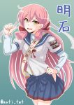  &gt;:d 1girl :d akashi_(kantai_collection) anti_(untea9) character_name green_background green_eyes hand_on_hip kantai_collection long_hair open_mouth pink_hair pleated_skirt pointing pointing_at_self sash school_uniform serafuku simple_background skirt smile solo twitter_username 