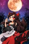  1girl animal_ears bamboo bamboo_forest breasts brooch brown_hair cleavage collarbone dress fingernails forest full_moon highres imaizumi_kagerou jewelry long_hair long_sleeves looking_at_viewer moon nail_polish nature red_eyes sky smile solo star star_(sky) starry_sky surigoma tail touhou wide_sleeves wolf_ears wolf_tail 