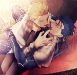  2boys anger_vein blonde_hair blue_hair fate/stay_night fate_(series) finger_in_mouth gilgamesh lancer multiple_boys red_eyes yuu_(guruko) 