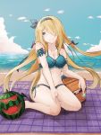  1girl argyle argyle_bikini armband beach bikini blonde_hair blue_bikini blue_eyes blue_sky breasts cleavage clouds food frilled_bikini frills fruit hair_over_one_eye hairband kurage_(11649021) long_hair looking_at_viewer navel pandora_(p&amp;d) picnic_basket puzzle_&amp;_dragons side-tie_bikini sky smile solo swimsuit towel very_long_hair water watermelon 