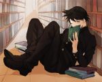  1boy black_hair book bookshelf gakuran green_eyes kudou_jun one_eye_closed sayonara_zetsubou_sensei school_uniform short_hair sitting solo 