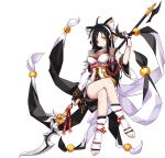  1girl ahoge ara_han asura_(elsword) bell black_hair bow crossed_legs detached_sleeves elsword fingerless_gloves gloves hair_bow heterochromia jingle_bell long_hair multicolored_hair official_art open_toe_shoes polearm red_eyes sando_(artist) shoes skirt smile solo spear streaked_hair two-tone_hair weapon white_background white_hair yellow_eyes 