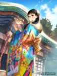 1girl architecture artist_request bangs bell black_hair blue_eyes blue_sky blunt_bangs building clouds colorful company_name east_asian_architecture floral_print from_behind from_below fur_trim glasses hair_over_shoulder hair_tubes japanese_clothes kimono kouhaku_nawa light_particles long_hair looking_at_viewer looking_back mischlitt obi ofuda outdoors ponytail sash scarf sega senjou_no_valkyria senjou_no_valkyria_2 shrine shrine_bell sky smile solo standing sunlight tree violet_eyes watermark wide_sleeves 