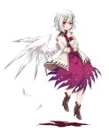  1girl feathers hand_to_own_mouth jacket kishin_sagume long_sleeves looking_at_viewer open_clothes open_jacket red_eyes shirt silver_hair single_wing skirt solo touhou toutenkou wings 