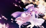  1girl bare_legs bow crescent crescent_hair_ornament hair_ornament hat long_hair looking_at_viewer pajamas papers patchouli_knowledge purple_hair red_bow red_ribbon ribbon solo tokiame touhou violet_eyes 