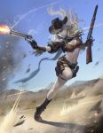  1girl artist_request blonde_hair blue_eyes boots breasts cleavage colt_python cowboy_hat dual_wielding gun handgun hat long_hair motion_blur navel original revolver rifle scarf smile solo weapon winchester_model_1873 