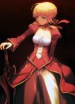  1girl blonde_hair breasts cleavage collarbone dress fate/extra fate_(series) green_eyes juliet_sleeves long_sleeves panties pantyshot pantyshot_(standing) puffy_sleeves red_dress saber_extra see-through showgirl_skirt solo standing sword underwear weapon zen_o 