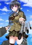  1girl absurdres bangs black_hair blue_sky blunt_bangs braid clouds cowboy_shot highres kantai_collection kirihata_sakura kitakami_(kantai_collection) long_hair looking_at_viewer ocean open_mouth outstretched_hand school_uniform serafuku sidelocks skirt sky solo torpedo violet_eyes 