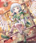  1girl candy clouds elbow_gloves feathers floating_island gears gloves green_shoes grey_hair hair_ornament high_heels highres licking_lips lollipop mecha mechanical_wings naka_(2133455) navel official_art orange_sky science_fiction senjou_no_electro_girl shoes short_hair solo thigh-highs tongue tongue_out tower white_gloves white_legwear wings 