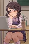  1girl arm_support brown_eyes brown_hair dress drinking_cup drinking_straw glasses long_sleeves looking_at_viewer low_twintails notebook purple_dress red-framed_glasses shirt sitting solo stool table tojo_(strit2p) touhou twintails usami_sumireko 