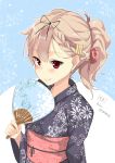  1girl blonde_hair commentary_request fan flower hair_flower hair_ornament highres japanese_clothes kantai_collection kimono mishin_(mbmnk) paper_fan ponytail red_eyes remodel_(kantai_collection) uchiwa yukata yuudachi_(kantai_collection) 