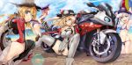 4girls :d absurdres armadillo-tokage ball beach beachball bikini bismarck_(kantai_collection) black_legwear blonde_hair blue_bikini blue_eyes blue_sky clouds detached_sleeves german_clothes green_eyes grey_legwear groin hat highres kantai_collection long_hair looking_at_viewer military military_hat military_uniform motor_vehicle motorcycle multiple_girls navel ocean one-piece_swimsuit open_mouth parted_lips pleated_skirt prinz_eugen_(kantai_collection) short_hair sitting skirt sky smile squatting swimsuit teeth thigh-highs twintails uniform vehicle z1_leberecht_maass_(kantai_collection) z3_max_schultz_(kantai_collection) 