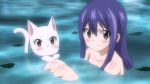  1girl blue_hair blush brown_eyes cat charle_(fairy_tail) fairy_tail frown leaf long_hair nude screencap smile solo water wendy_marvell 