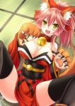  1girl animal_ears bell bell_collar black_legwear breasts cleavage cless_(tamaota) collar detached_sleeves fang fate/grand_order fate_(series) fox_ears fox_tail hair_ribbon japanese_clothes large_breasts looking_at_viewer lying open_mouth pink_hair ribbon solo spread_legs tail tamamo_cat_(fate/grand_order) thigh-highs yellow_eyes 