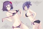  2girls bikini breasts kantai_collection multiple_girls open_mouth pokimari purple_hair short_hair short_ponytail smile swimsuit tatsuta_(kantai_collection) tenryuu_(kantai_collection) undressing violet_eyes yellow_eyes 