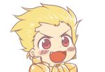  1boy armor blonde_hair blush dot_nose fang fate/stay_night fate_(series) gilgamesh gyate_gyate ikiyouz lowres open_mouth red_eyes solo 