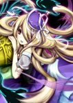  1girl :d armband bare_shoulders blonde_hair eyes_visible_through_hair hair_over_one_eye hat hat_ribbon highres long_hair looking_at_viewer off_shoulder open_mouth pandora_(p&amp;d) puffy_short_sleeves puffy_sleeves purple_hat puzzle_&amp;_dragons ran_(ajisaiya2014) red_eyes ribbon short_sleeves smile solo white_ribbon 