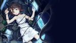  1girl artist_request bangs brown_eyes brown_hair computer_keyboard copyright_name dress glitch highres indoors iwakura_lain lying monitor on_back ripples serial_experiments_lain short_hair sundress wallpaper water 