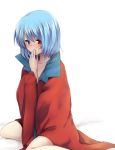  1girl absurdres blue_hair blush collarbone commentary_request hand_to_own_mouth heterochromia highres naked_cape nnyara sitting solo tatara_kogasa touhou wariza 