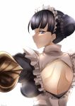  1girl back_opening black_hair blue_eyes breasts claudia_(granblue_fantasy) closed_mouth frills from_behind granblue_fantasy hair_bun highres kurosawa-san looking_at_viewer looking_back maid_headdress outstretched_arms simple_background white_background 