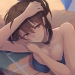  1girl beach bikini blue_bikini breasts brown_eyes brown_hair choker cleavage collarbone dyson_(edaokunnsaikouya) hand_on_own_head hand_on_own_shoulder kaga_(kantai_collection) kantai_collection large_breasts light_smile long_hair looking_at_viewer lying on_side revision shadow side_ponytail swimsuit umbrella under_boob 