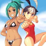  2girls animal_on_head aqua_hair aqua_lipstick back-to-back bikini bird bird_on_head black_hair blush breasts cerebella_(skullgirls) cleavage_cutout dark_skin eyeshadow feng_(skullgirls) fighting_stance groin hand_on_hip highres jouzou large_breasts lipstick looking_at_viewer makeup multicolored_hair multiple_girls navel one-piece_swimsuit red_swimsuit short_ponytail skullgirls small_breasts standing_on_one_leg strap_gap swimsuit two-tone_hair under_boob v violet_eyes white_hair 