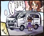  1girl bow brown_eyes brown_hair glasses hat hat_bow long_sleeves low_twintails motor_vehicle open_mouth plaid pote_(ptkan) red-framed_glasses ribbon school_uniform shirt short_hair skirt smile solo touhou translation_request twintails usami_sumireko van vehicle 