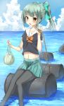  &gt;:o 1girl :o bad_hands bad_leg bag bangs barrel black_legwear blunt_bangs blush bow clouds collarbone cowboy_shot food fruit green_bow green_hair hair_bow half_updo highres holding holding_bag kantai_collection knees_together_feet_apart looking_at_viewer melon midriff navel ocean open_mouth outdoors pantyhose plastic_bag pleated_skirt ponytail rong_yi_tan rope school_uniform serafuku shiny shiny_clothes shiny_hair short_hair short_sleeves sidelocks sitting sitting_on_object skirt sky solo tareme yellow_eyes yuubari_(kantai_collection) 