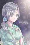  1girl chitose_(kantai_collection) grey_hair japanese_clothes kantai_collection kimono lowres nekoyanagi_reo ponytail side_ponytail solo twitter_username 