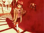  1girl abe_yoshitoshi brown_eyes brown_hair highres iwakura_lain jacket kneehighs official_art outdoors serial_experiments_lain skirt solo stairs walking 