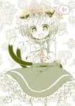  1girl absurdres animal_ears bow cat_ears cat_tail chen dress fang flower flower_wreath hat heart highres ibarashiro_natou jewelry long_sleeves looking_at_viewer mob_cap monochrome nekomata open_mouth ring shirt smile solo spoken_heart spot_color tail touhou 