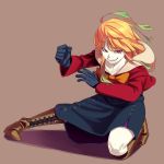  1girl black_gloves boots clenched_hand fang gloves gradient_hair hama2224 hoodie jacket long_hair multicolored_hair orange_hair original red_eyes red_jacket ribbon simple_background skirt smile solo squatting 