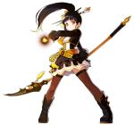  1girl ara_han belt black_boots black_hair black_skirt boots brown_legwear corset cropped_jacket elsword expressionless hair_ornament hairpin little_devil_(elsword) long_hair magic official_art polearm ponytail pose sando_(artist) skirt solo spear standing thigh-highs weapon white_background yellow_eyes 