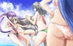  4girls ass ball bare_legs beachball bikini blue_hair blue_sky breasts brown_eyes character_request clouds grey_hair hair_ornament hairclip hands_on_hips highres long_hair multiple_girls purple_hair sky swimsuit untied untied_bikini water yohane 