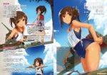  1girl :d article bare_shoulders blue_sky brown_eyes brown_hair character_name covered_navel hair_ornament high_ponytail i-401_(kantai_collection) kantai_collection machinery name_tag open_mouth palm_tree partially_submerged ponytail sailor_collar school_swimsuit skin_tight sky smile swimsuit swimsuit_under_clothes tan tanline translation_request tree wading wet wet_clothes yuu_(amadoki) 