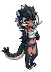  1girl akantor breasts chibi dark_skin dragon_tail green_eyes groin midriff monorus monster_hunter navel paws personification scales short_hair short_shorts shorts silver_hair simple_background slit_pupils solo tail tank_top white_background 