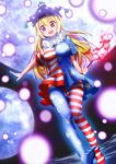  1girl american_flag_legwear american_flag_shirt blonde_hair blush clownpiece fairy_wings hat highres jester_cap long_hair looking_at_viewer open_mouth pantyhose red_eyes smile solo star torch touhou wings 