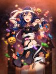  1girl axe bandages blue_eyes blue_hair camisole candy cookie cowboy_shot food hair_tubes halloween halloween_costume jack-o&#039;-lantern lace long_hair magari_(senjou_no_valkyria) midriff murakami_yuichi navel one_eye_closed open_mouth picnic_basket senjou_no_valkyria senjou_no_valkyria_2 skirt solo star tears torn_clothes weapon 