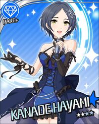  blue_hair blush character_name dress hayami_kanade idolmaster idolmaster_million_live! microphone short_hair singing yellow_eyes 