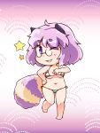  1girl alternate_eye_color alternate_hair_color animal_ears bikini blue_eyes chibi futatsuiwa_mamizou glasses hand_on_hip jinnouchi_akira one_eye_closed pince-nez purple_hair raccoon_ears raccoon_tail star swimsuit tail touhou 