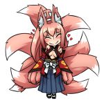  1girl animal_ears blush center_opening chibi claws closed_eyes detached_sleeves facial_mark fox_ears fox_tail heart long_hair mon-musu_quest! monorus multiple_tails paws pink_hair ponytail simple_background smile solo tail white_background yao_(mon-musu_quest!) 