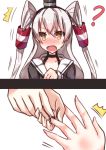  1girl @_@ amatsukaze_(kantai_collection) artist_request blush brown_eyes hair_tubes hands highres jewelry kantai_collection long_hair ring silver_hair thigh-highs two_side_up 