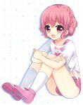  1boy blush braid bulge kneehighs leona_west male_focus mole mole_under_eye open_mouth otoko_no_ko pink_eyes pink_hair pripara shoes short_hair short_shorts shorts smile solo white_legwear 