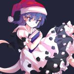  1girl alphes_(style) aya_(ay-atlantis) blue_background blue_eyes blue_hair book doremy_sweet expressionless hat holding nightcap parody pom_pom_(clothes) shirt short_sleeves simple_background solo style_parody tail touhou 