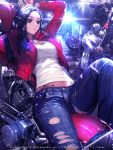  1girl black_hair bracelet breasts cleavage denim furyou_michi_~gang_road~ highres jacket jeans jewelry long_hair lying motor_vehicle motorcycle necklace on_back pants red_eyes tattoo torn_clothes torn_jeans vehicle xaxak 